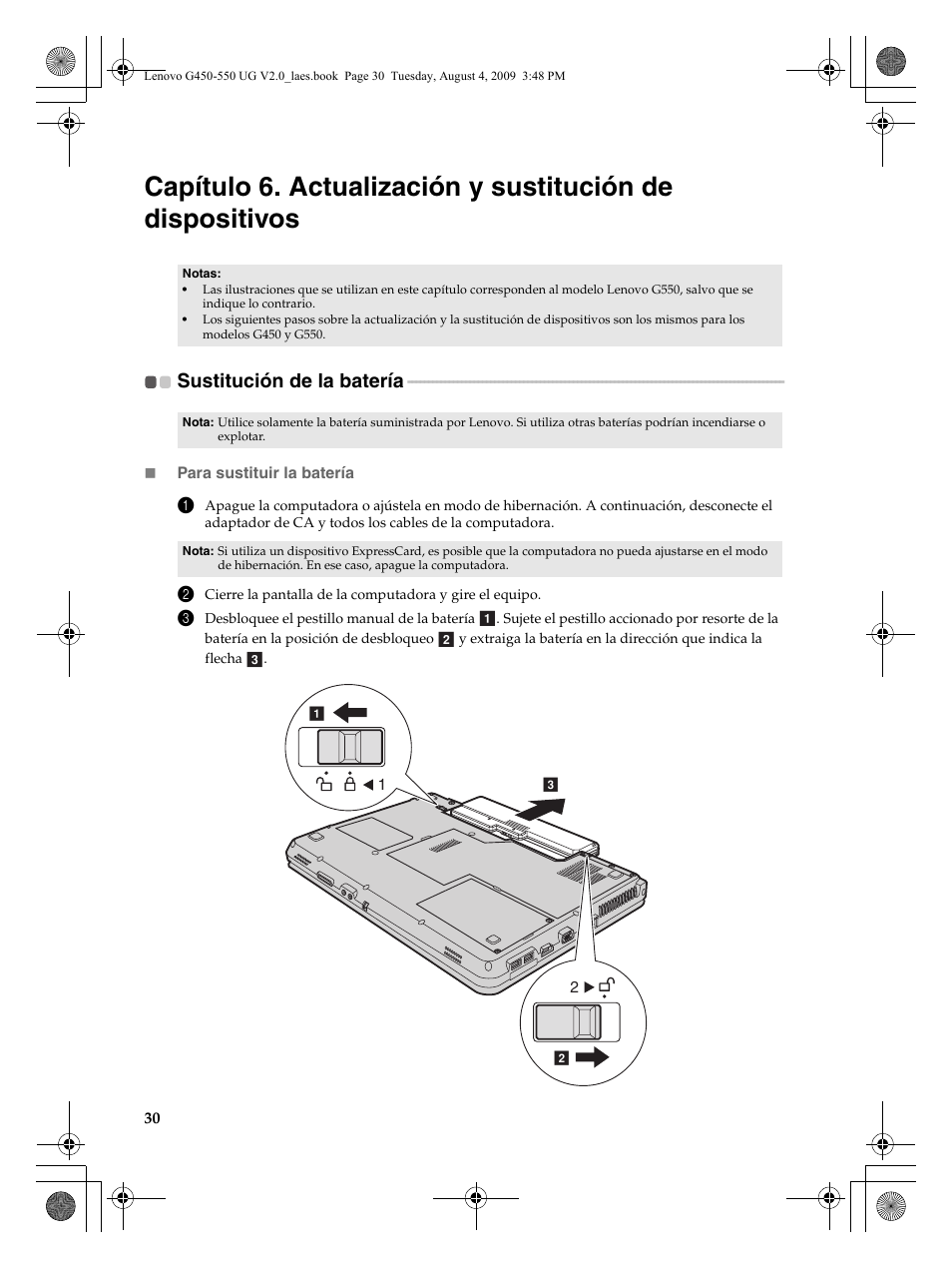 Sustitución de la batería | Lenovo G450 Notebook User Manual | Page 38 / 110