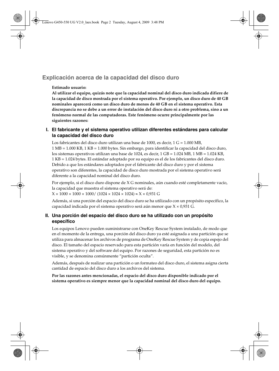 Explicación acerca de la capacidad del disco duro | Lenovo G450 Notebook User Manual | Page 4 / 110