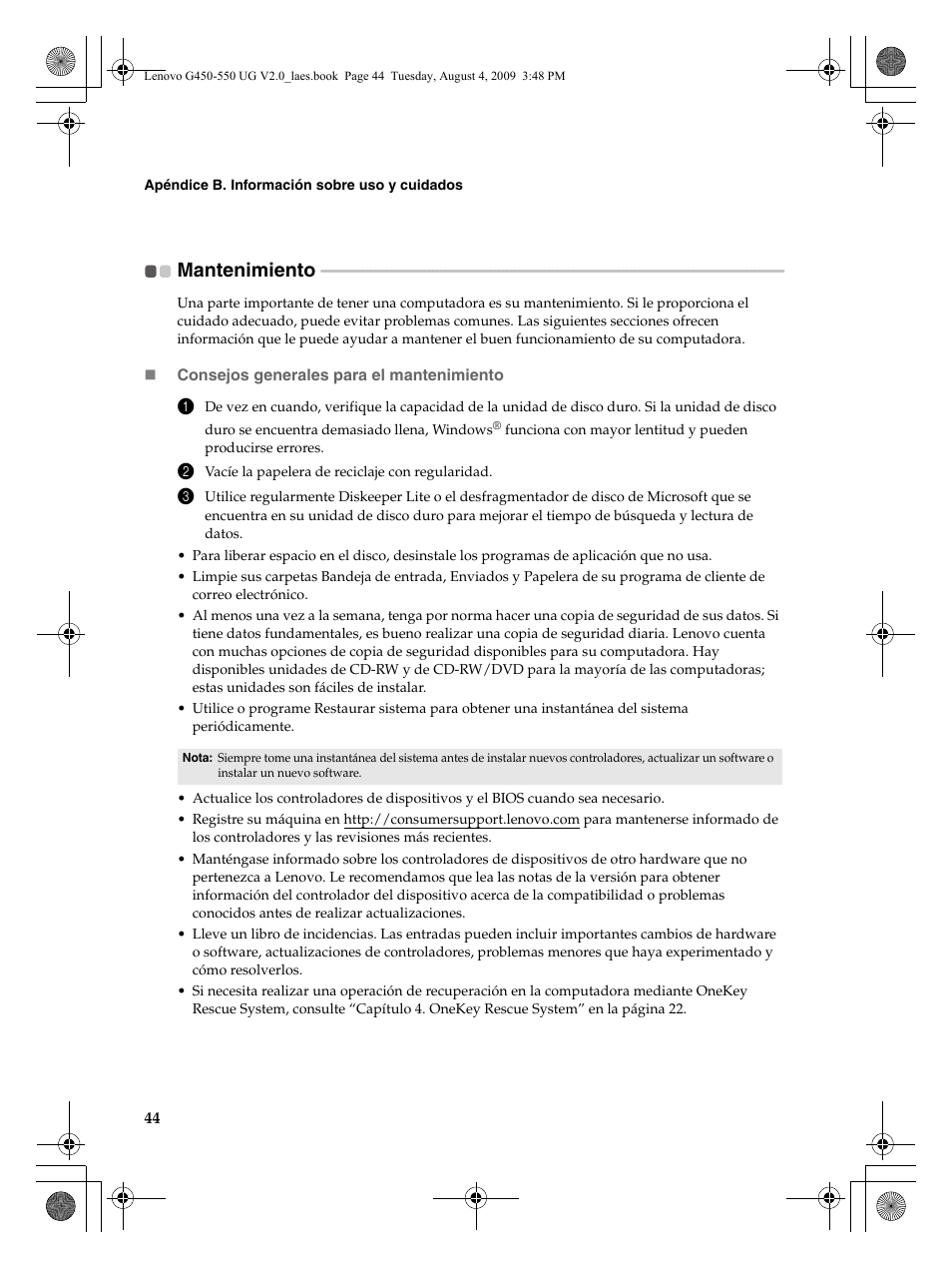 Mantenimiento | Lenovo G450 Notebook User Manual | Page 52 / 110