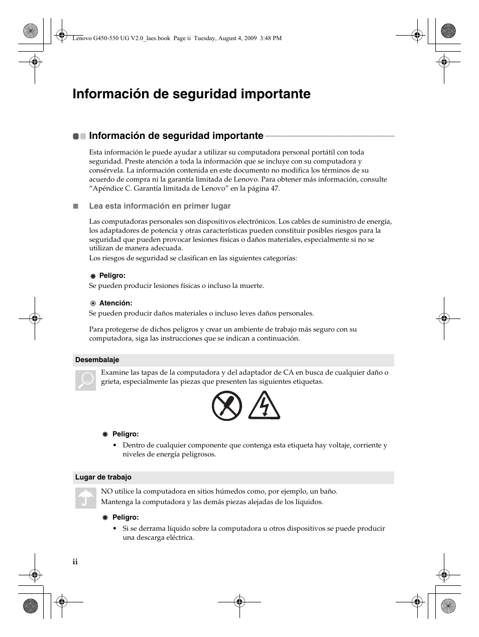 Información de seguridad importante | Lenovo G450 Notebook User Manual | Page 6 / 110