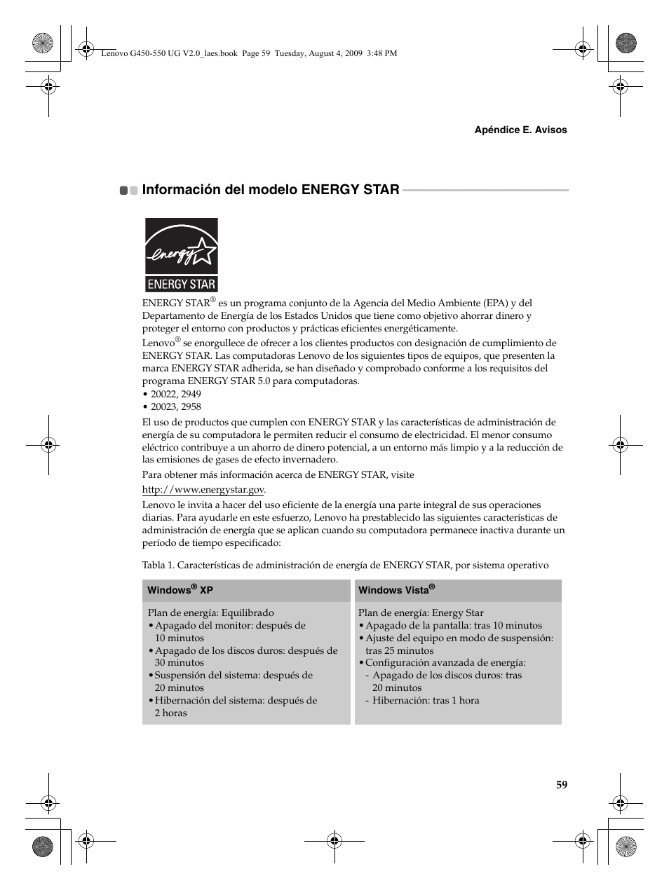 Información del modelo energy star | Lenovo G450 Notebook User Manual | Page 67 / 110