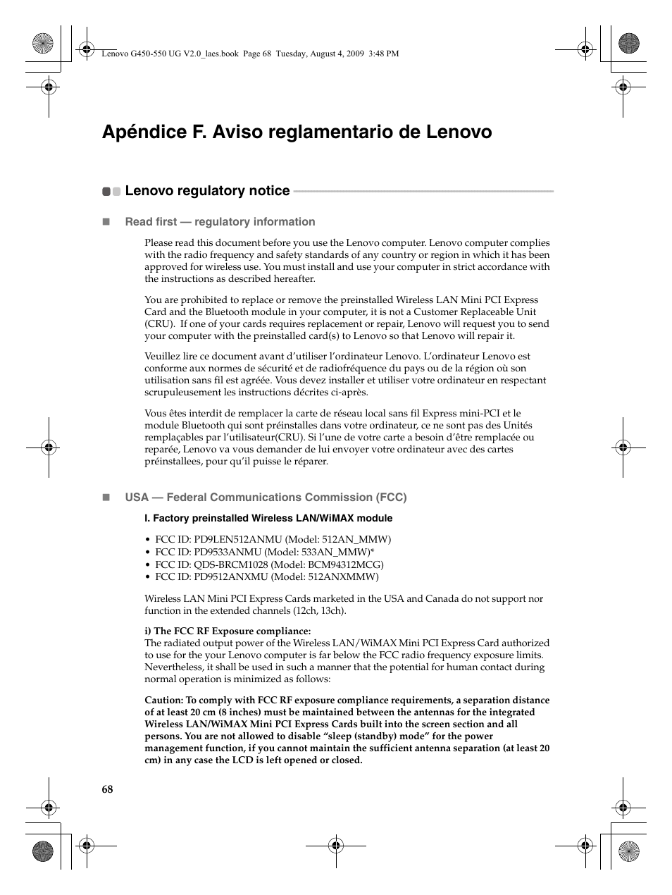 Apéndice f. aviso reglamentario de lenovo | Lenovo G450 Notebook User Manual | Page 76 / 110