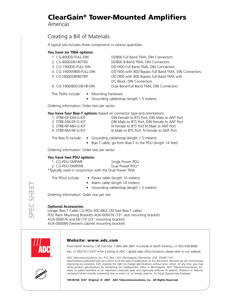 Sp ec s h ee t, Cleargain, Tower-mounted amplifiers | Creating a bill of materials, Americas | ADC ClearGain Tower-Mounted Amplifiers User Manual | Page 12 / 12