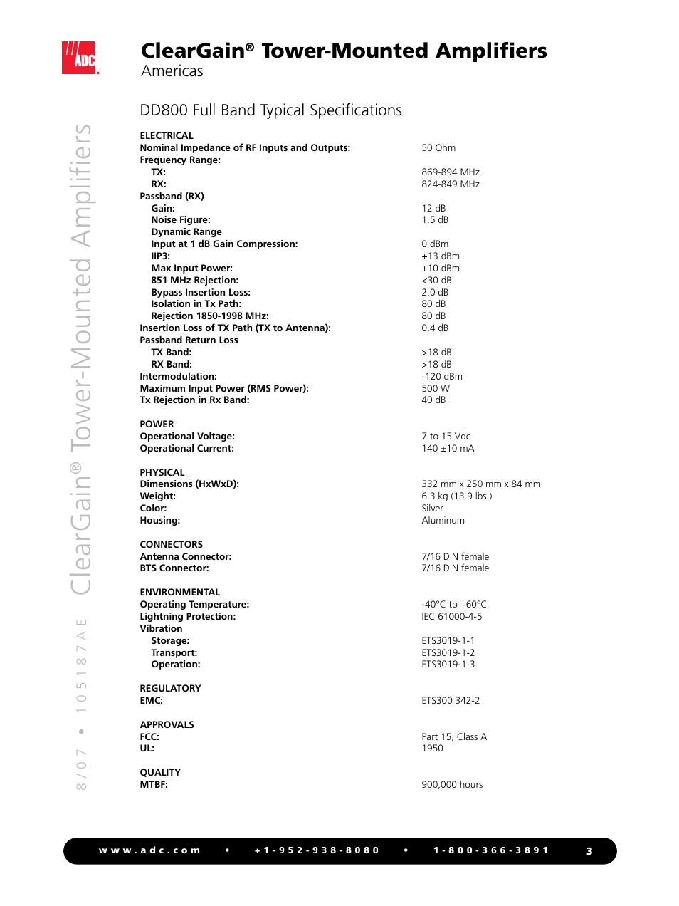 Cle ar g ai n, Cleargain, Tower-mounted amplifiers | Dd800 full band typical specifications, Americas | ADC ClearGain Tower-Mounted Amplifiers User Manual | Page 3 / 12