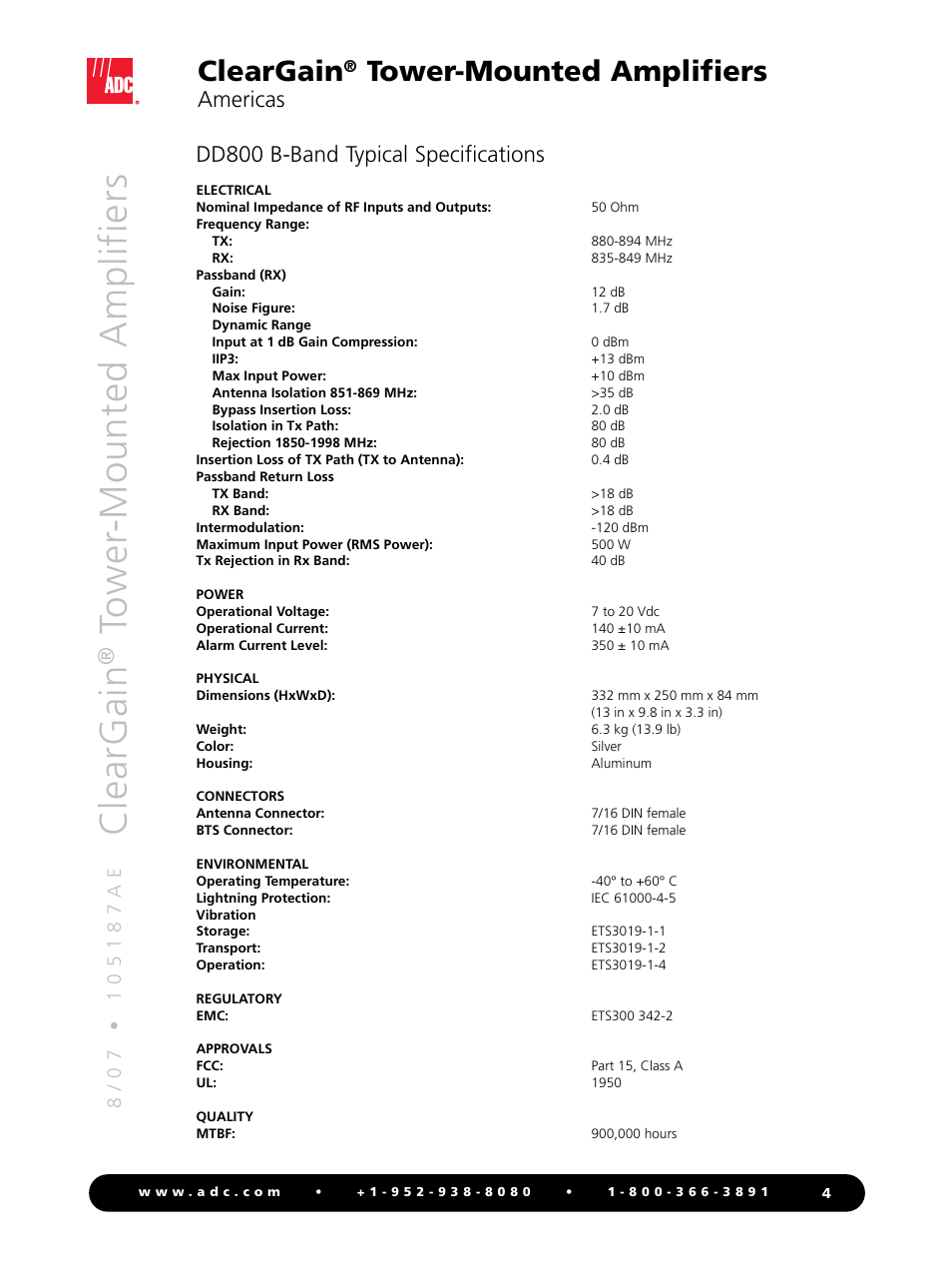 Cle ar g ai n, Cleargain, Tower-mounted amplifiers | Dd800 b-band typical specifications, Americas | ADC ClearGain Tower-Mounted Amplifiers User Manual | Page 4 / 12