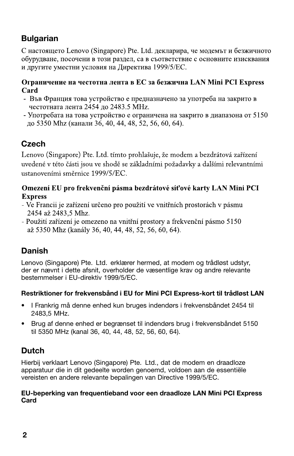 Bulgarian, Czech, Danish | Dutch | Lenovo ThinkCentre M71z User Manual | Page 2 / 12
