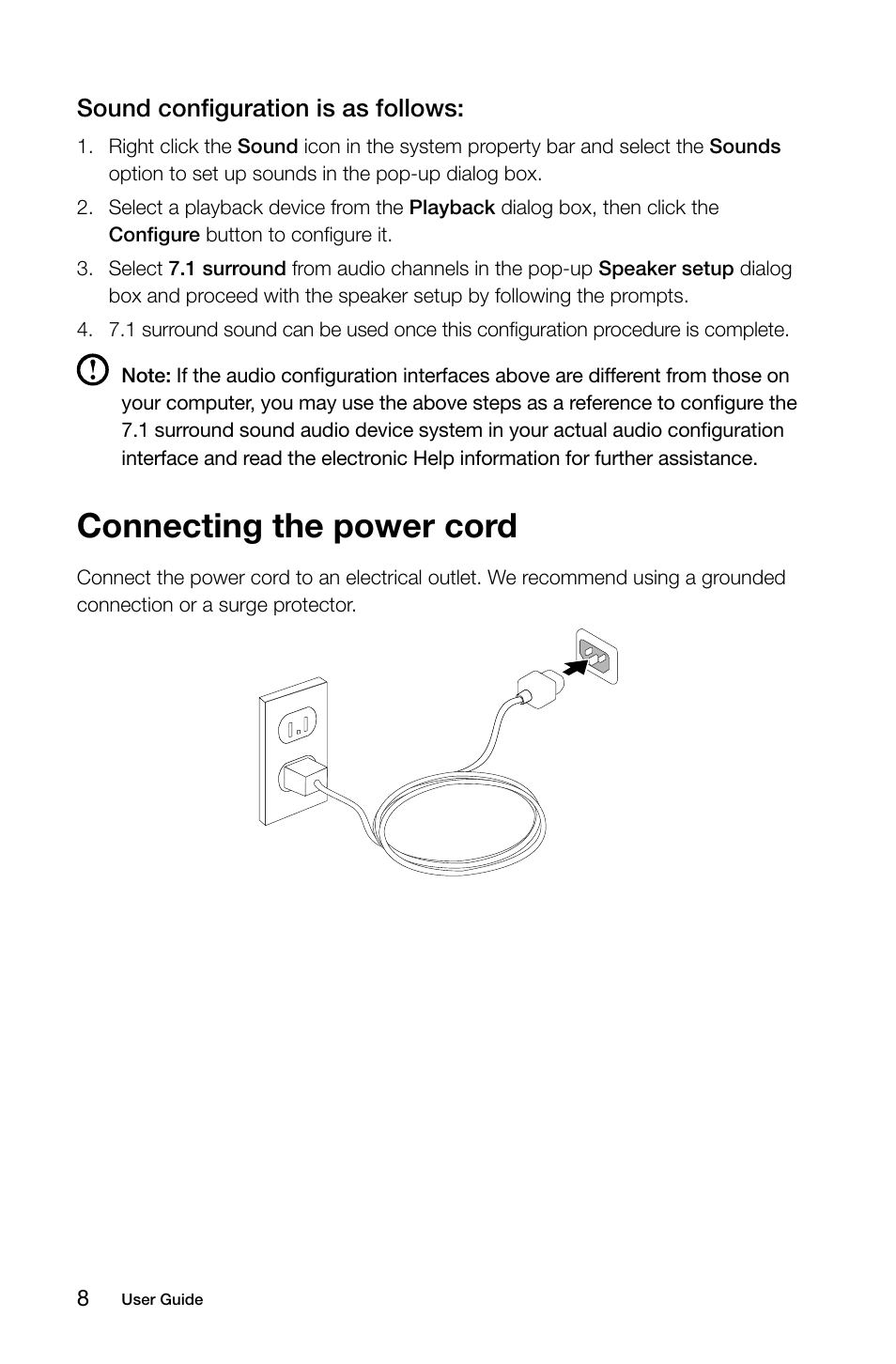 Connecting the power cord, Sound configuration is as follows | Lenovo Erazer X315 Desktop User Manual | Page 13 / 57