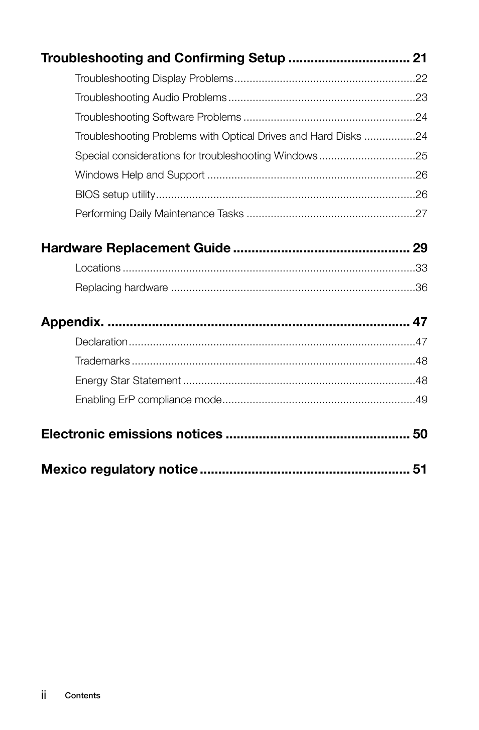 Troubleshooting and confirming setup, Hardware replacement guide, Appendix | Lenovo Erazer X315 Desktop User Manual | Page 5 / 57