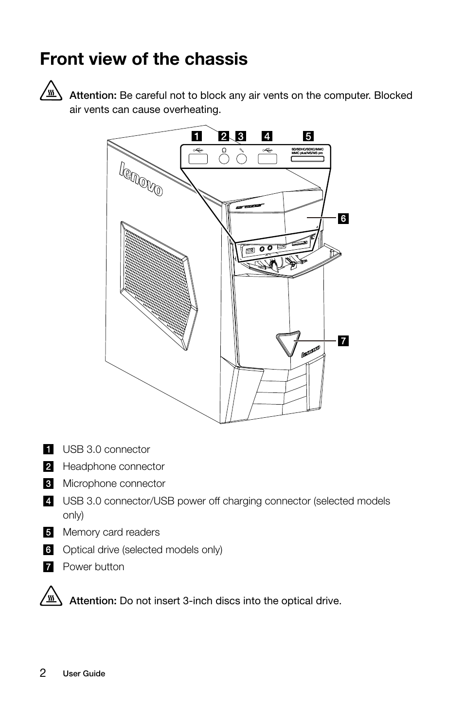 Front view of the chassis | Lenovo Erazer X315 Desktop User Manual | Page 7 / 57