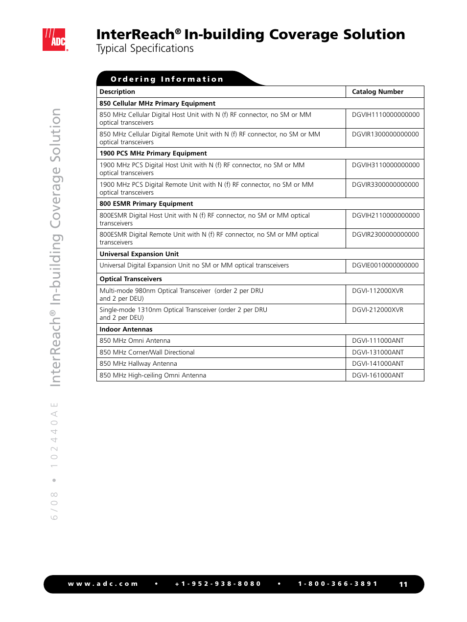 Interreach, In-building c overage solution, In-building coverage solution | Typical specifications | ADC InterReach 800 ESMR User Manual | Page 11 / 12