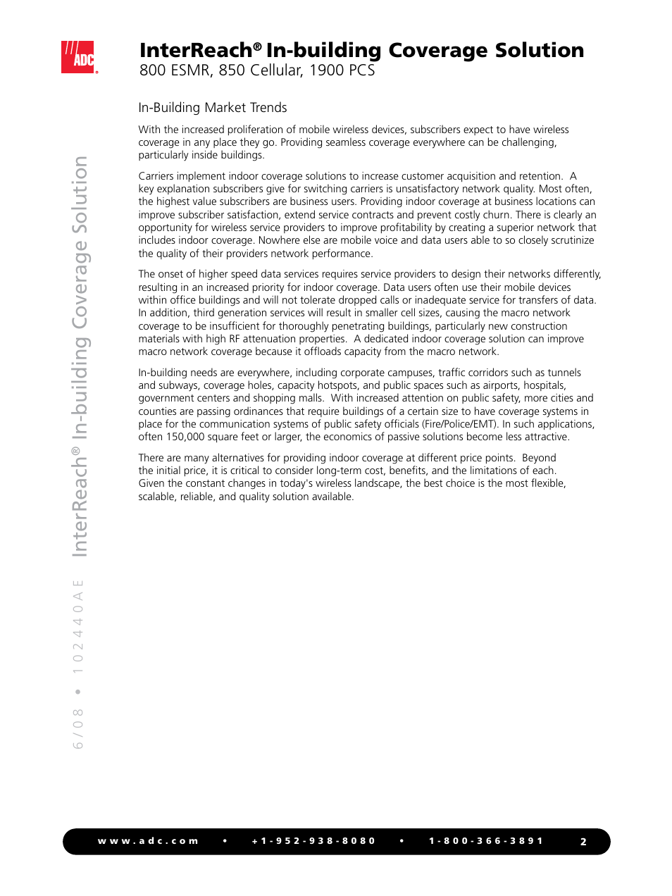 Interreach, In-building c overage solution, In-building coverage solution | ADC InterReach 800 ESMR User Manual | Page 2 / 12