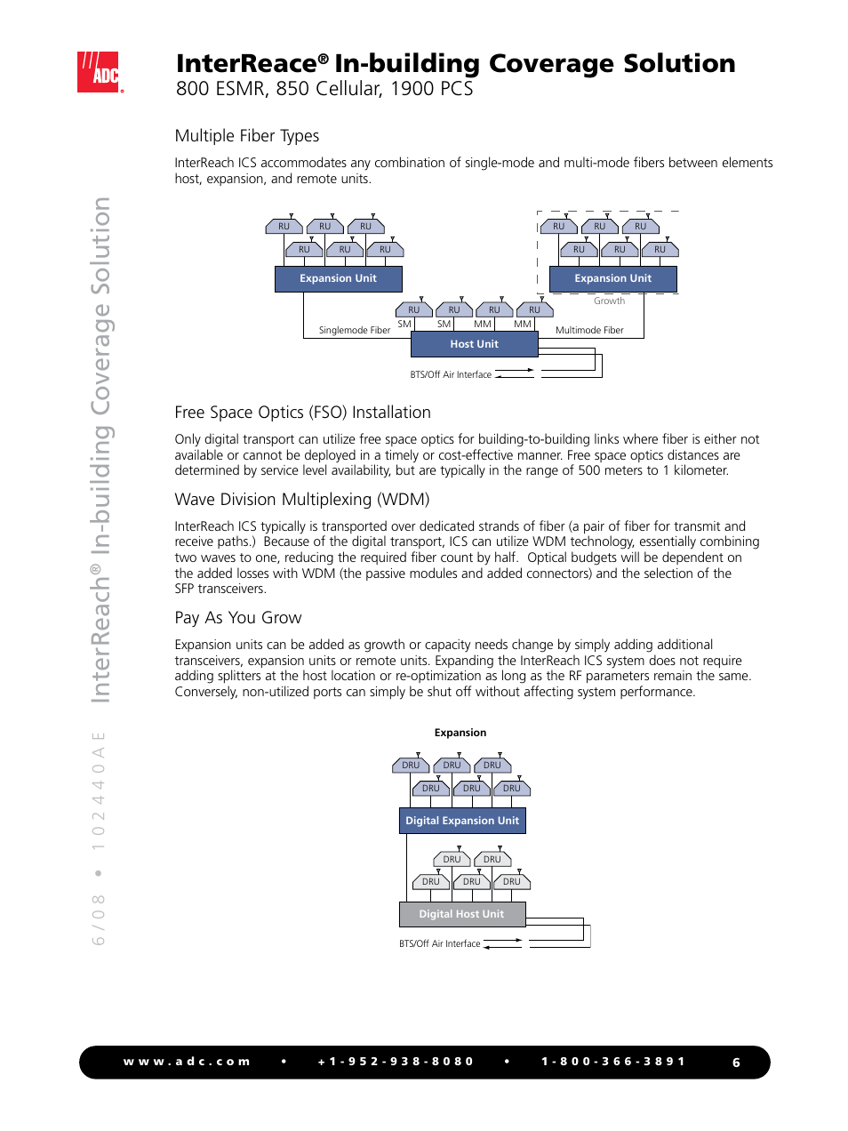 Interreach, In-building c overage solution, Interreace | In-building coverage solution, Multiple fiber types, Free space optics (fso) installation, Wave division multiplexing (wdm), Pay as you grow | ADC InterReach 800 ESMR User Manual | Page 6 / 12