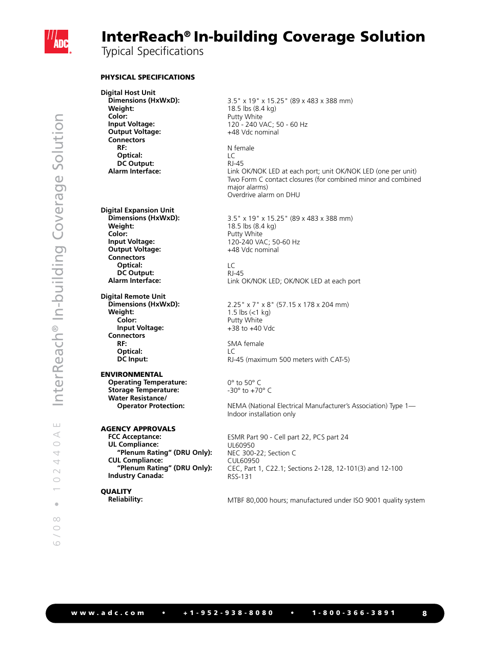 Interreach, In-building c overage solution, In-building coverage solution | Typical specifications | ADC InterReach 800 ESMR User Manual | Page 8 / 12