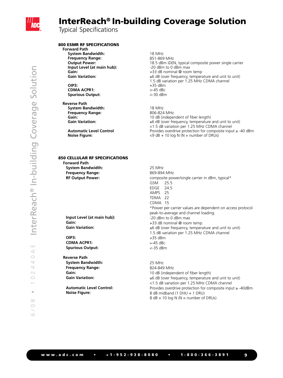 Interreach, In-building c overage solution, In-building coverage solution | Typical specifications | ADC InterReach 800 ESMR User Manual | Page 9 / 12