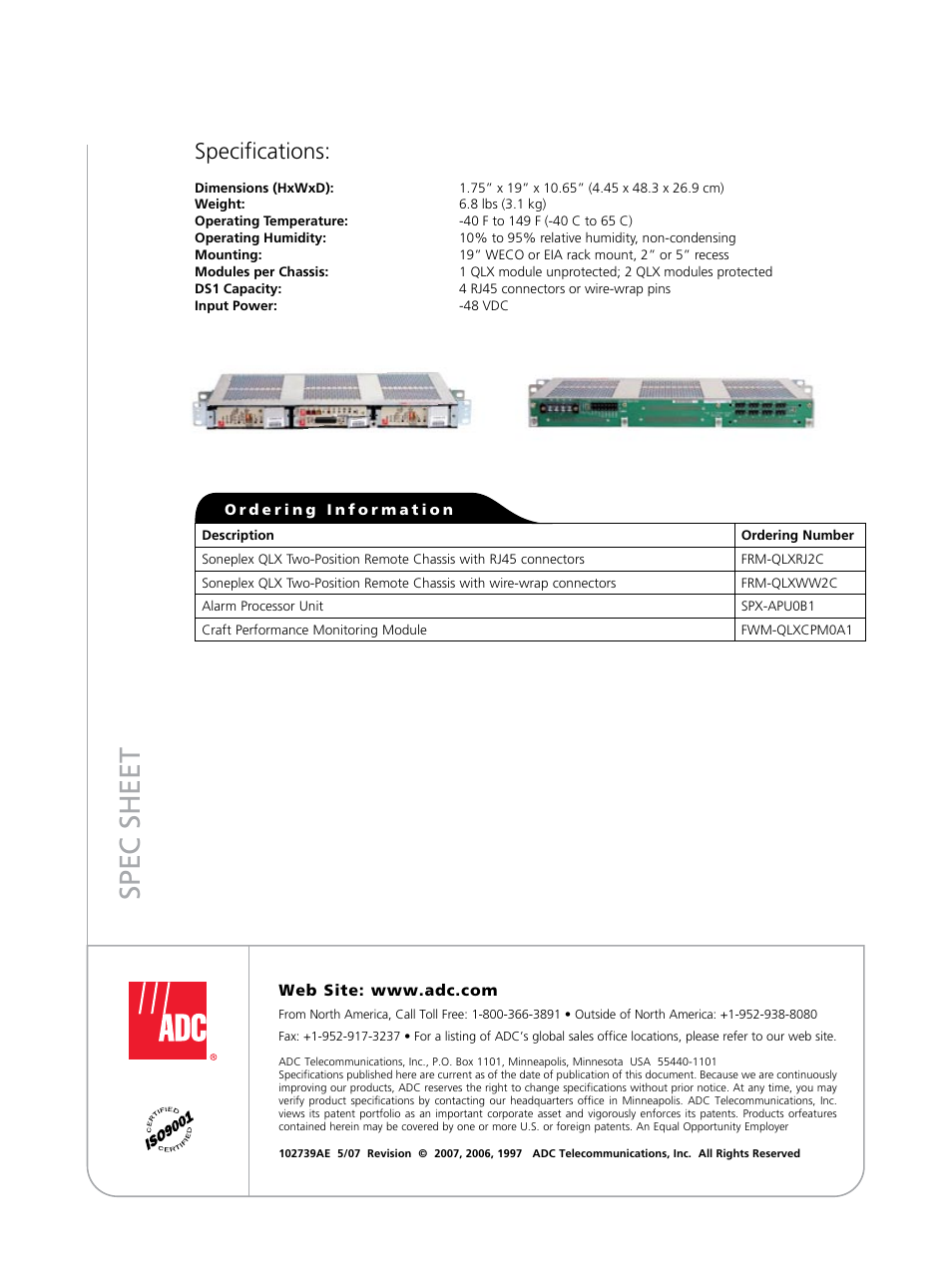 Sp ec s h ee t, Specifications | ADC Soneplex Quad Loop Extender User Manual | Page 2 / 2