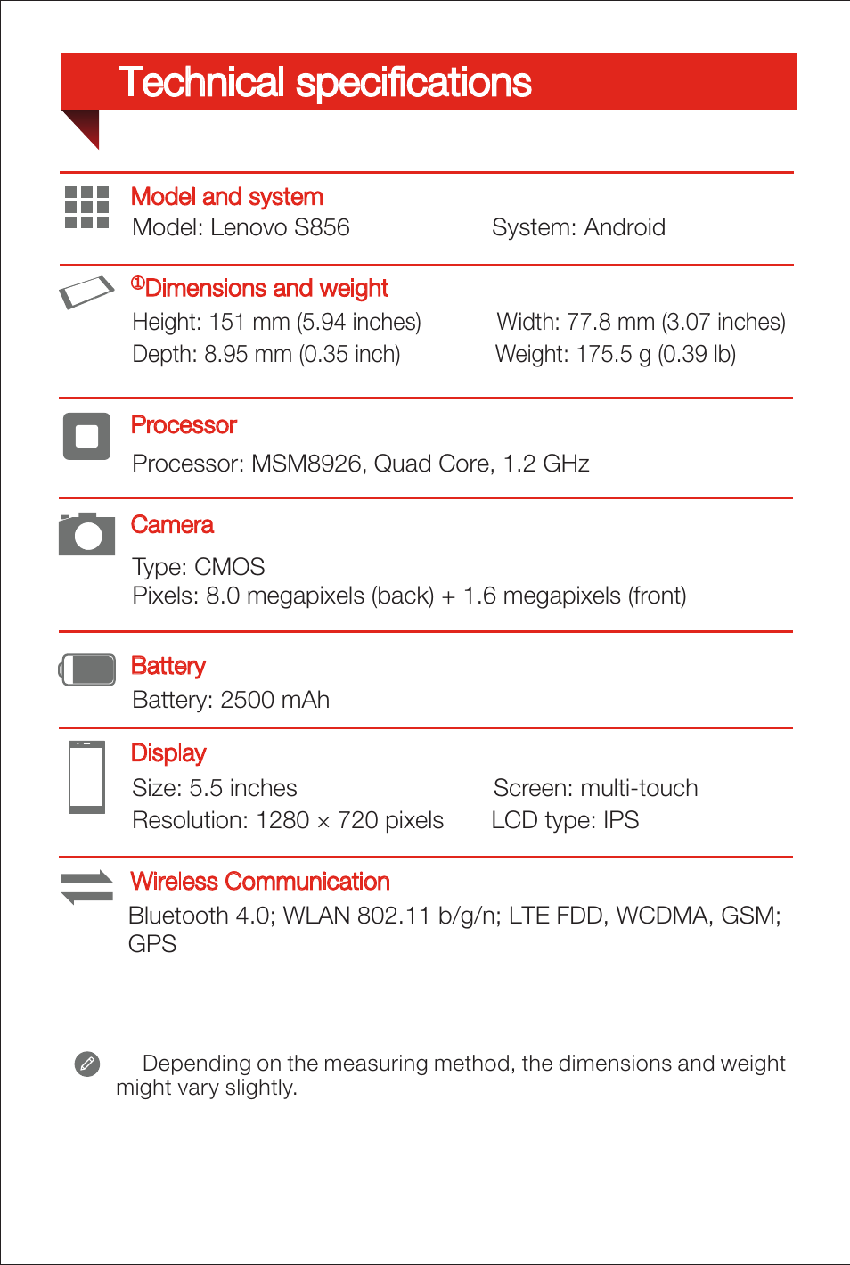 Technical specifications | Lenovo S856 Smartphone User Manual | Page 2 / 7