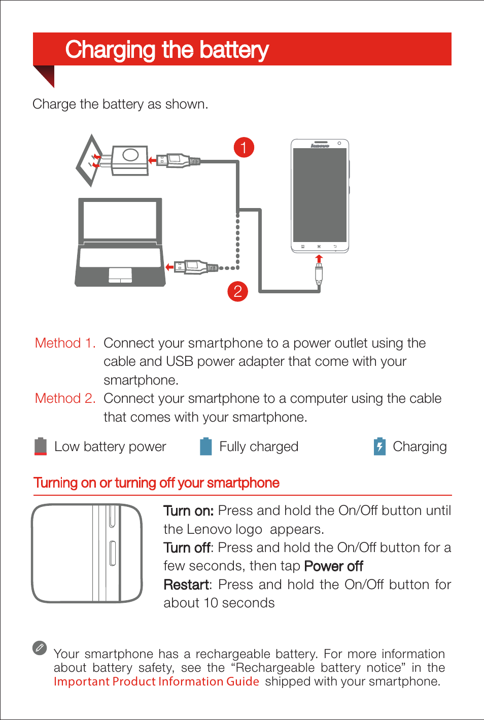 Charging the battery | Lenovo S856 Smartphone User Manual | Page 5 / 7