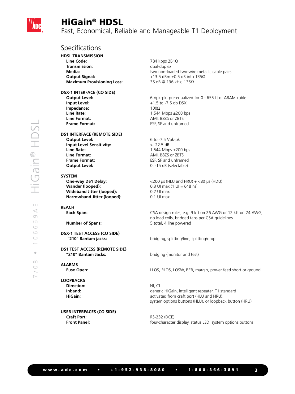 Higain, Hdsl, Specifications | ADC HiGain and Manageable T1 Deployment User Manual | Page 3 / 4