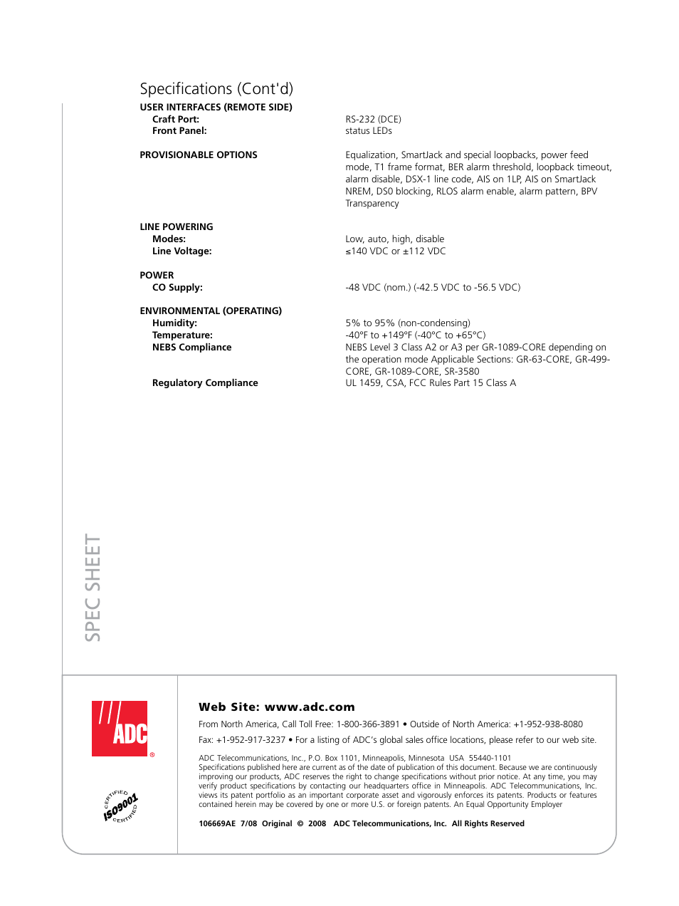 Spec sheet, Specifications (cont'd) | ADC HiGain and Manageable T1 Deployment User Manual | Page 4 / 4