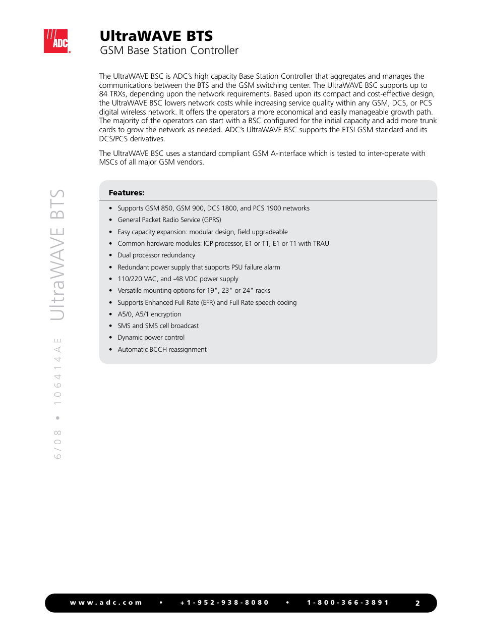 Ultraw a ve bts, Ultrawave bts, Gsm base station controller | ADC GSM Base Station Controller UltraWAVE BSC User Manual | Page 2 / 4