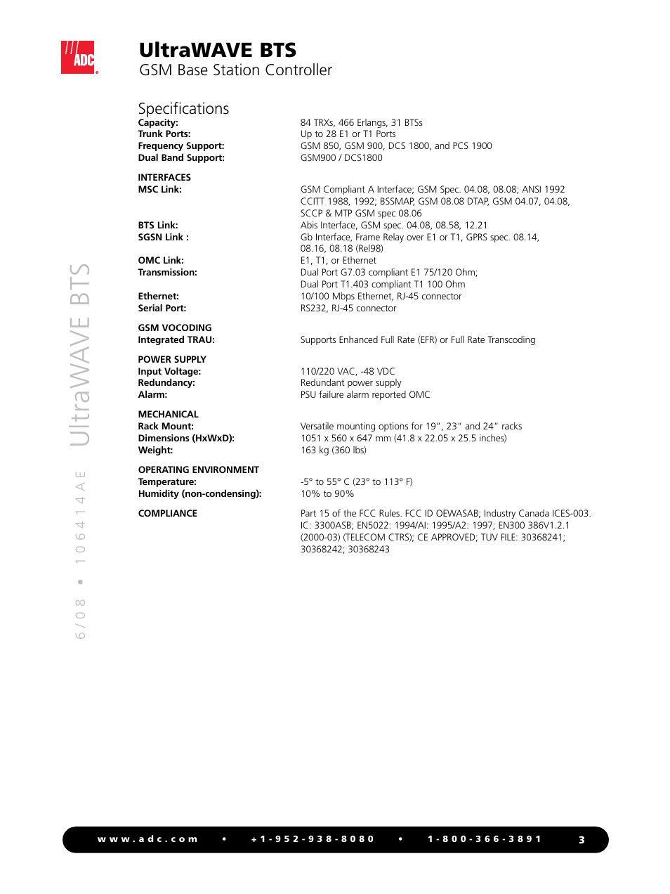 Ultraw a ve bts, Ultrawave bts, Gsm base station controller | Specifications | ADC GSM Base Station Controller UltraWAVE BSC User Manual | Page 3 / 4