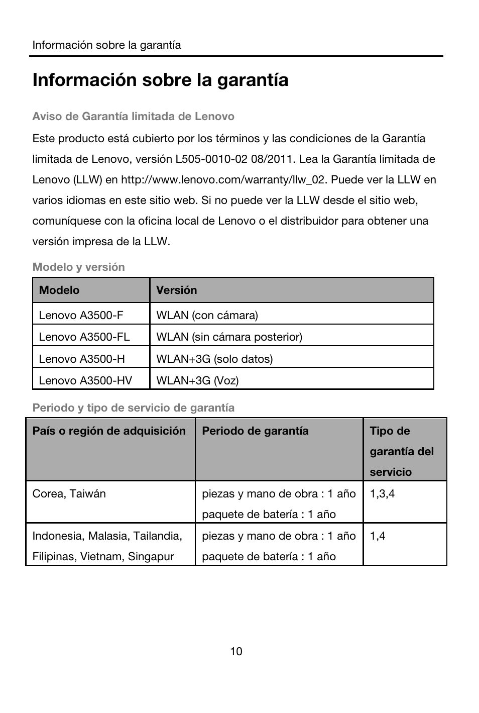 Información sobre la garantía, Aviso de garantía limitada de lenovo, Modelo y versión | Modelo, Versión, Lenovo a3500-f, Wlan (con cámara), Lenovo a3500-fl, Wlan (sin cámara posterior), Lenovo a3500-h | Lenovo A7-40 Tablet User Manual | Page 11 / 61