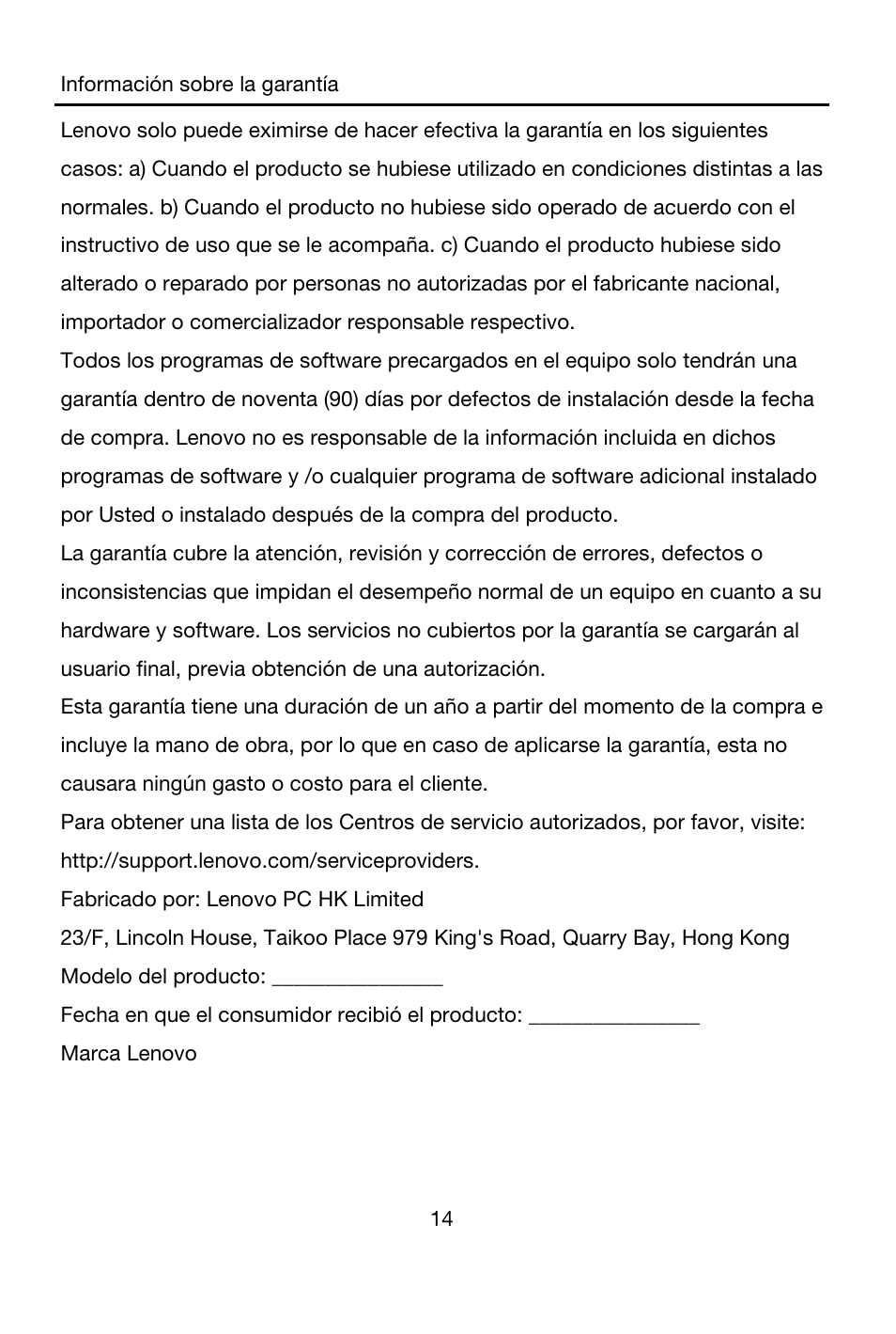 Fabricado por: lenovo pc hk limited, Modelo del producto, Fecha en que el consumidor recibió el producto | Marca lenovo | Lenovo A7-40 Tablet User Manual | Page 15 / 61