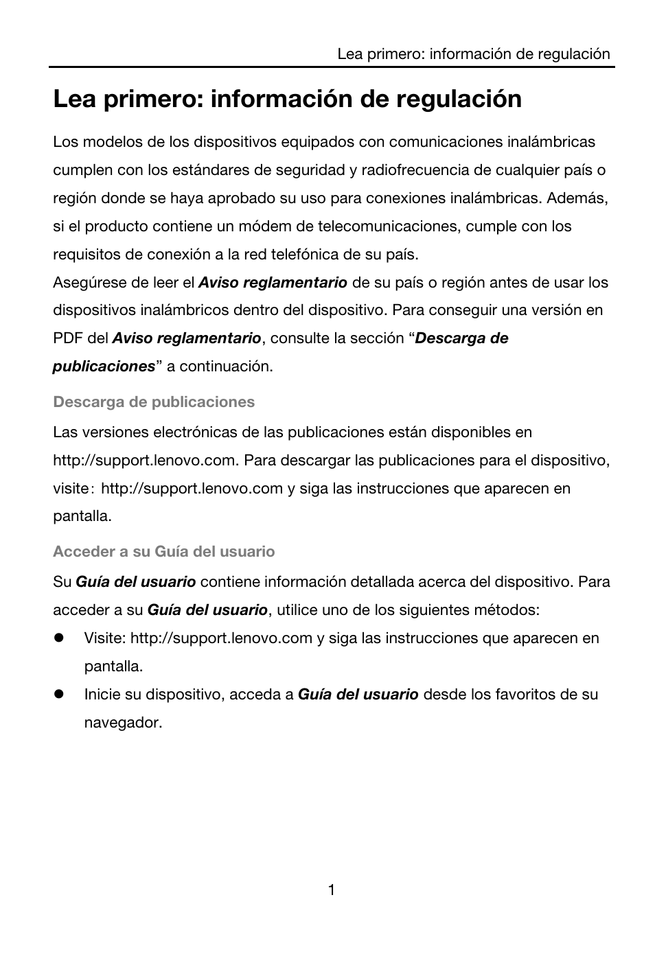 Lea primero: información de regulación, Descarga de publicaciones, Acceder a su guía del usuario | Lenovo A7-40 Tablet User Manual | Page 2 / 61