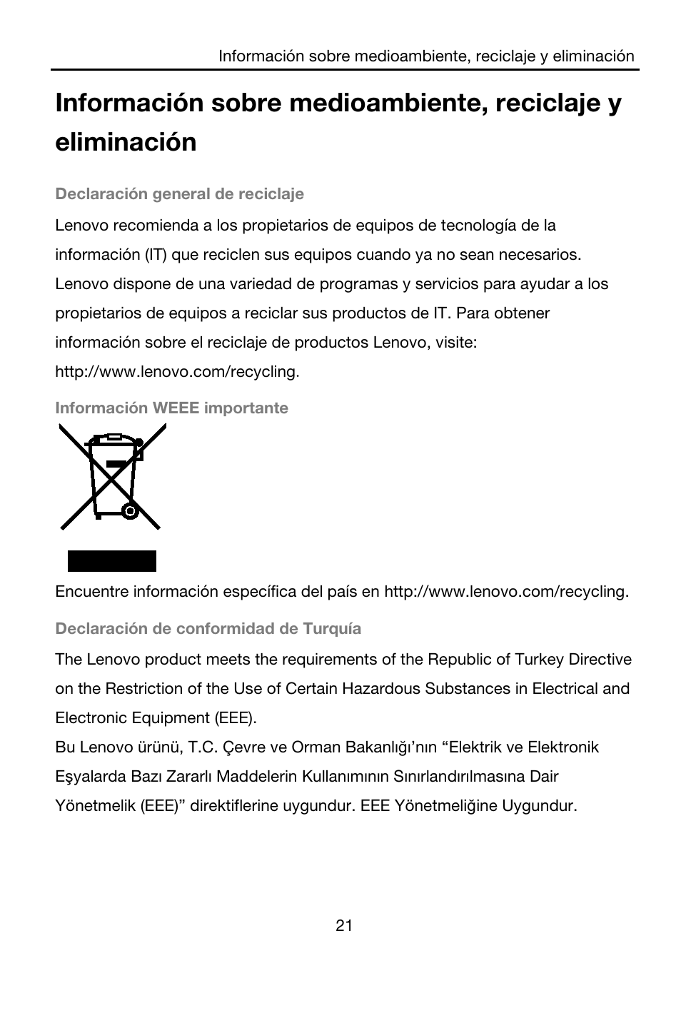 Declaración general de reciclaje, Información weee importante, Declaración de conformidad de turquía | Lenovo A7-40 Tablet User Manual | Page 22 / 61