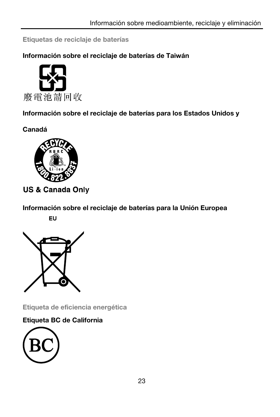 Etiquetas de reciclaje de baterías, Etiqueta de eficiencia energética, Etiqueta bc de california | Lenovo A7-40 Tablet User Manual | Page 24 / 61