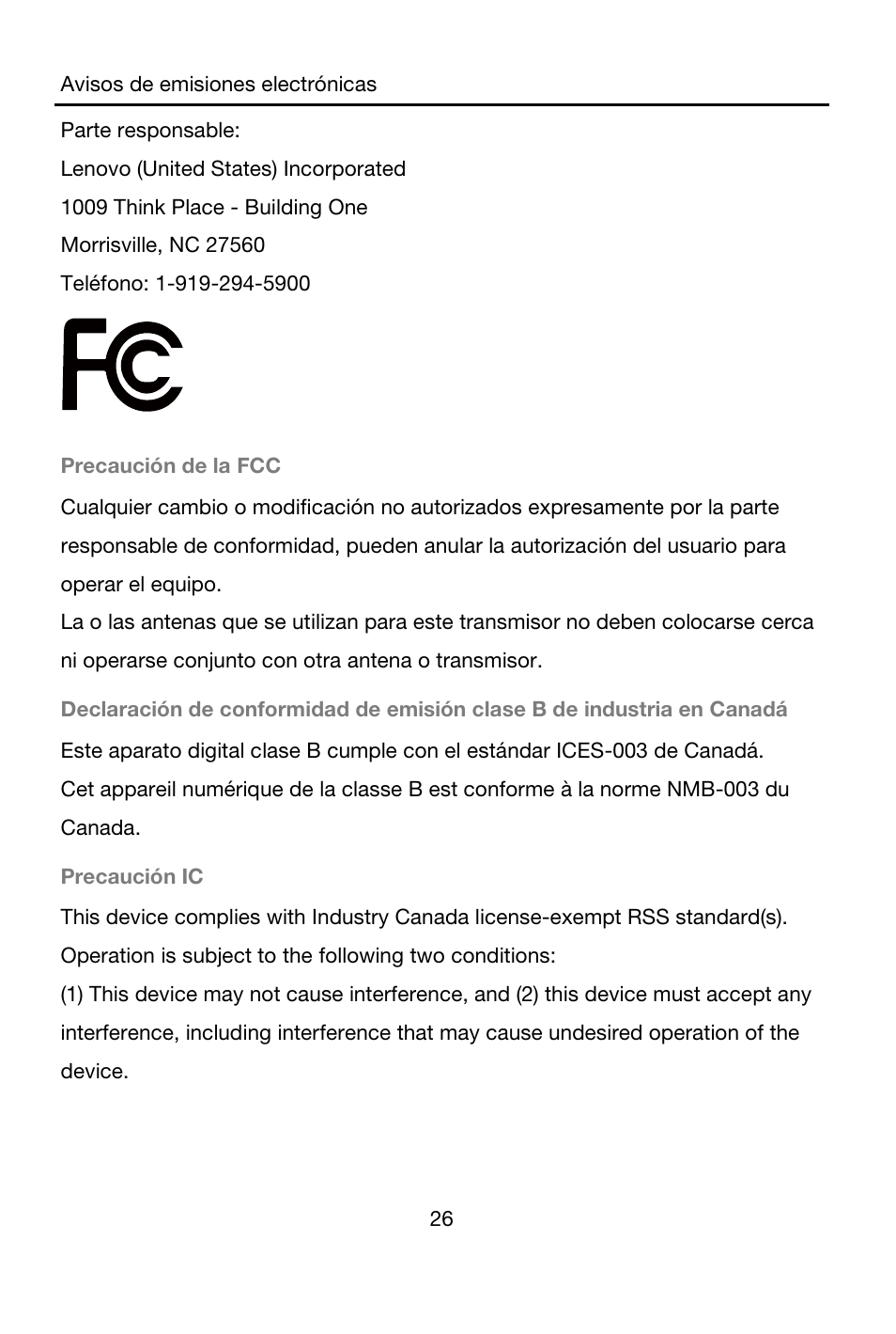 Parte responsable, Lenovo (united states) incorporated, 1009 think place - building one | Morrisville, nc 27560, Teléfono: 1-919-294-5900, Precaución de la fcc, Precaución ic | Lenovo A7-40 Tablet User Manual | Page 27 / 61