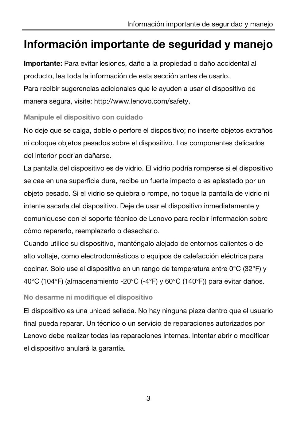 Información importante de seguridad y manejo, Manipule el dispositivo con cuidado, No desarme ni modifique el dispositivo | Lenovo A7-40 Tablet User Manual | Page 34 / 61