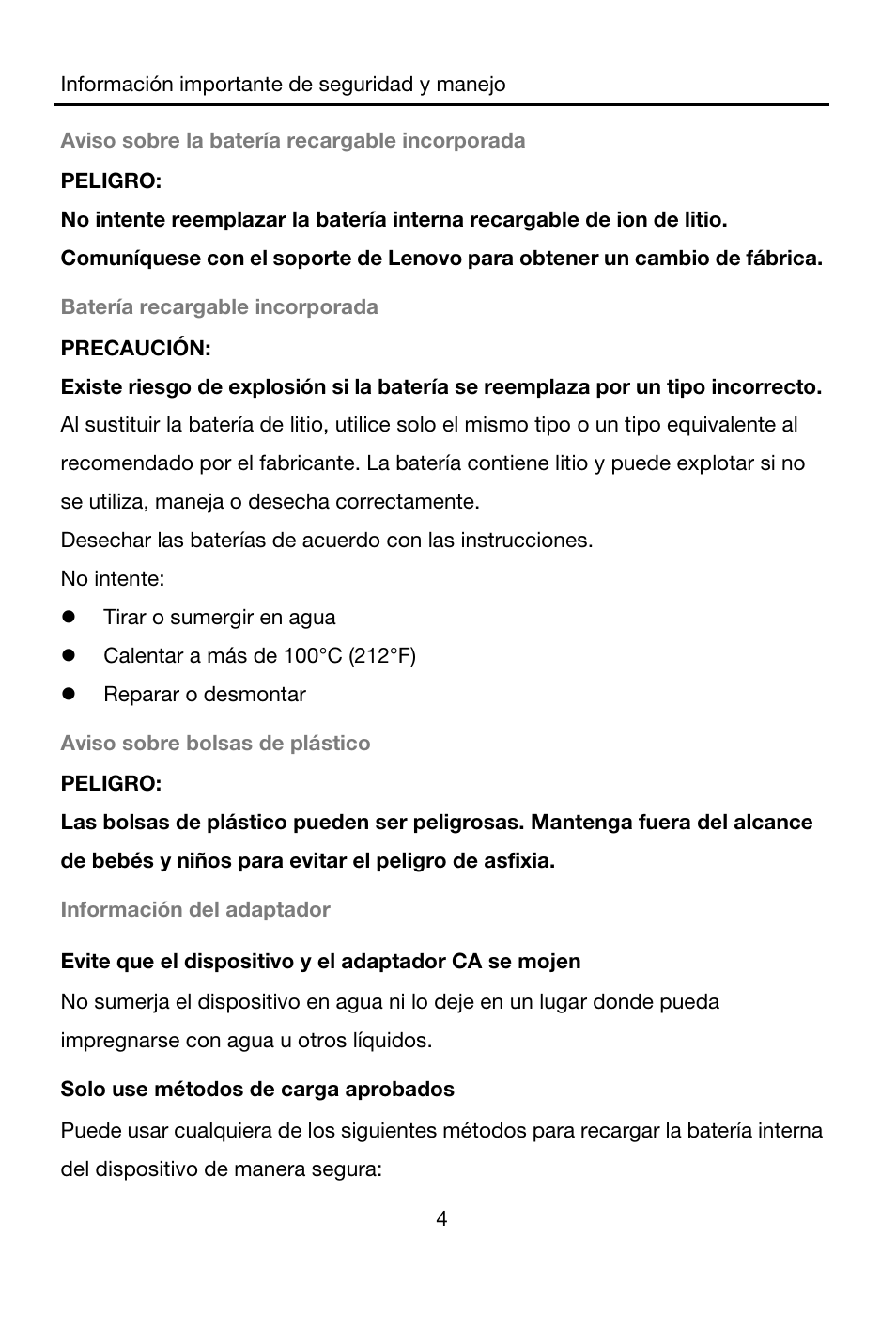 Aviso sobre la batería recargable incorporada, Peligro, Batería recargable incorporada | Precaución, No intente, Tirar o sumergir en agua, Calentar a más de 100°c (212°f), Reparar o desmontar, Aviso sobre bolsas de plástico, Información del adaptador | Lenovo A7-40 Tablet User Manual | Page 35 / 61