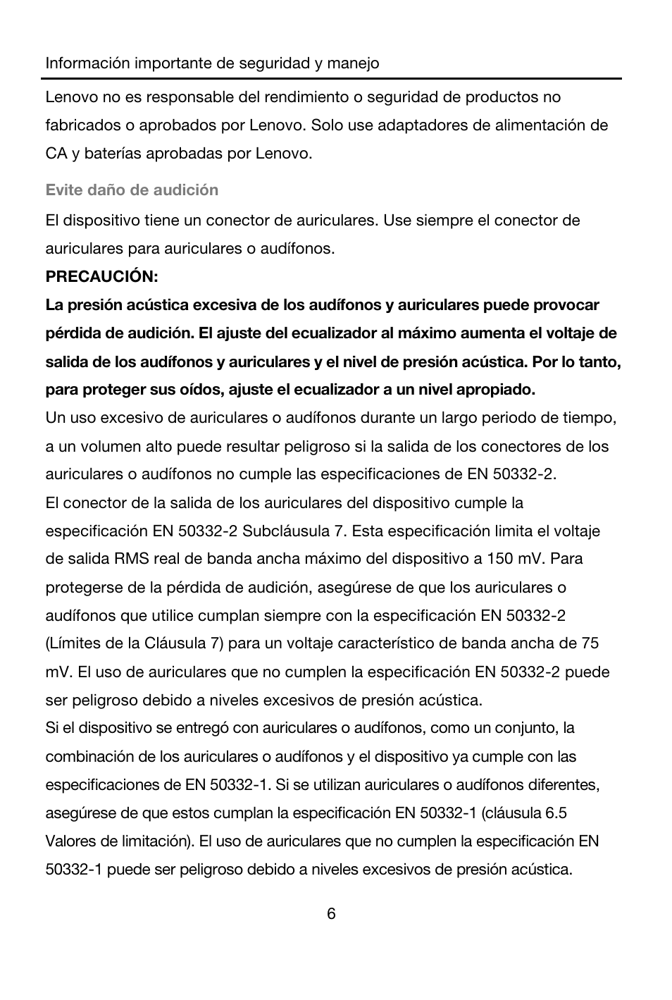 Evite daño de audición, Precaución | Lenovo A7-40 Tablet User Manual | Page 37 / 61