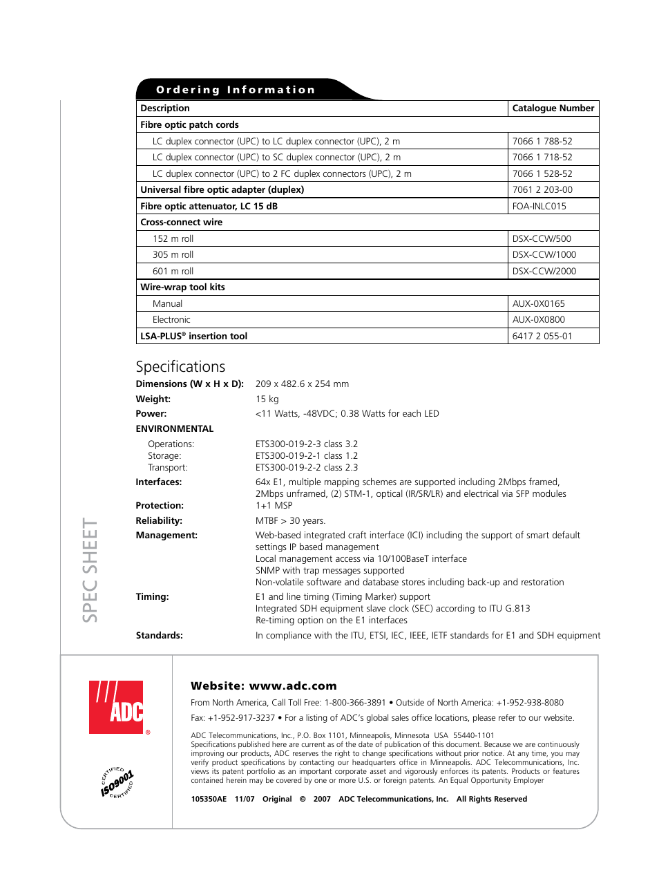 Spec sheet, Specifications | ADC Active Digital Signal Cross-Connect ASX User Manual | Page 4 / 4