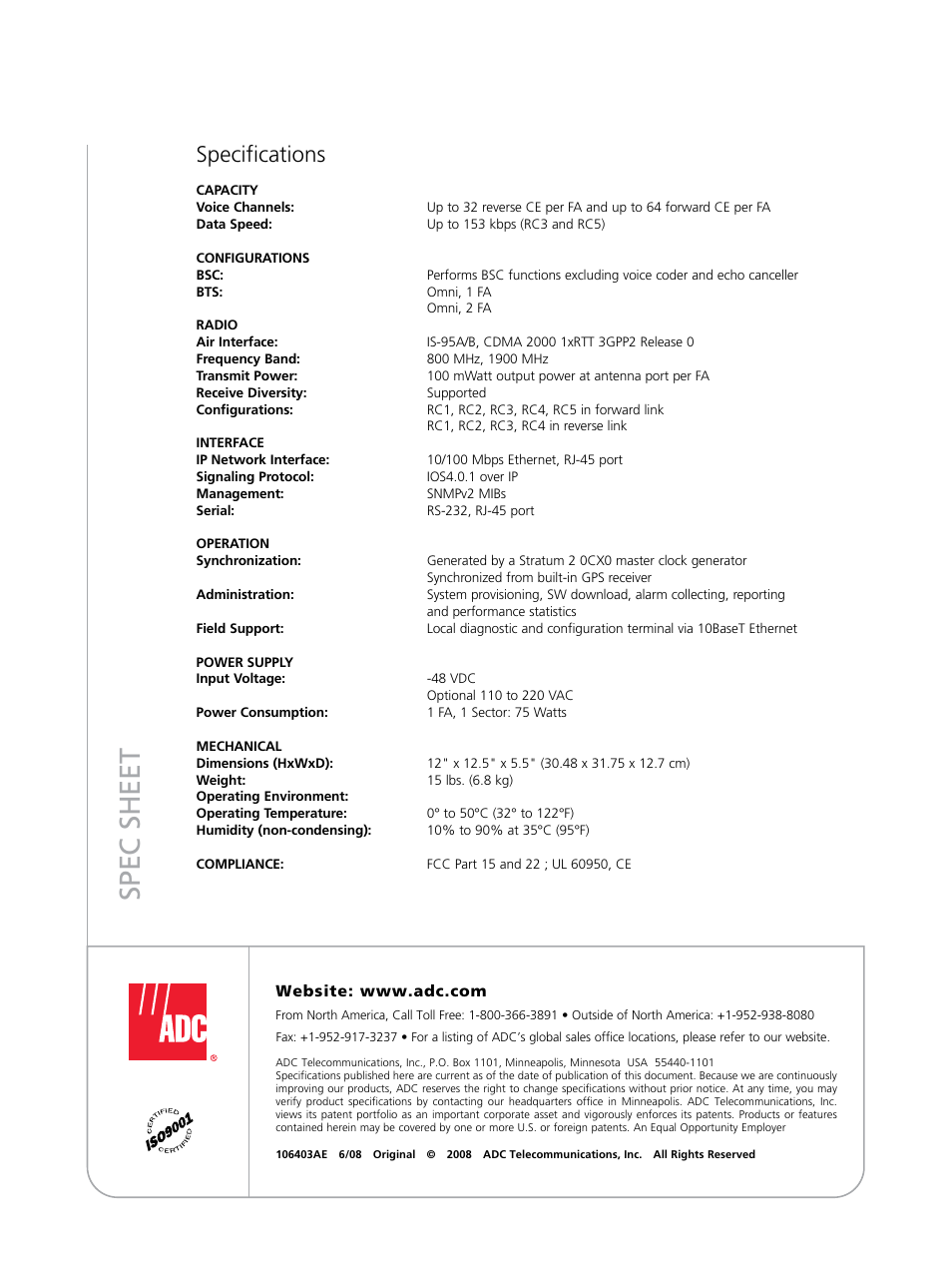 Spec sheet, Specifications | ADC UltraWAVE CDMA Pico BS Plus User Manual | Page 2 / 2