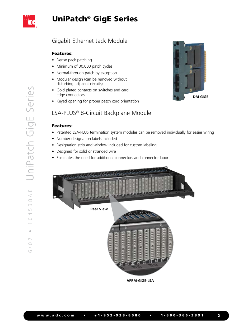 Un ip at ch g ig e se ri es, Unipatch, Gige series | ADC UniPatch GigE Series User Manual | Page 2 / 4