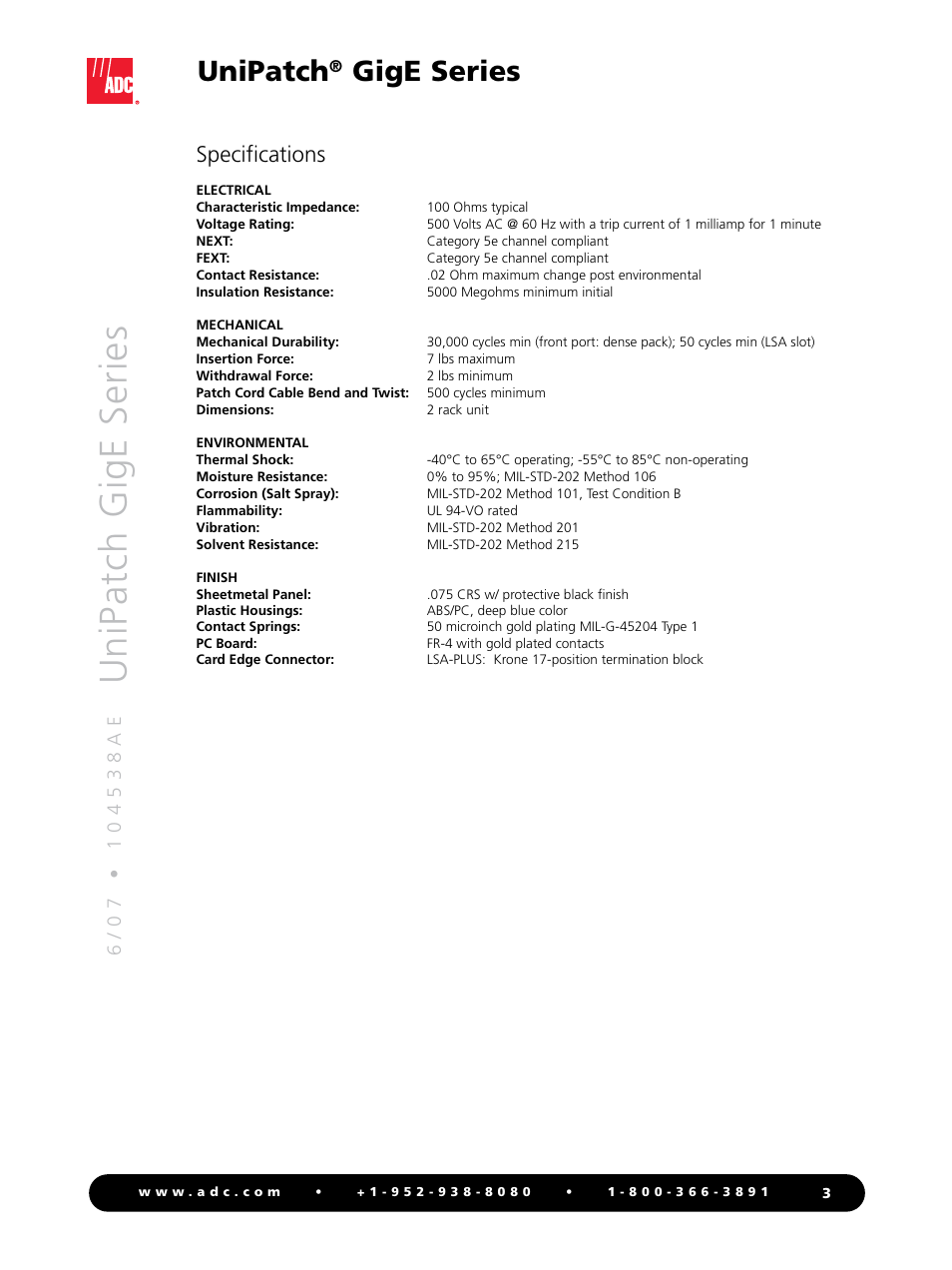 Un ip at ch g ig e se ri es, Unipatch, Gige series | Specifications | ADC UniPatch GigE Series User Manual | Page 3 / 4