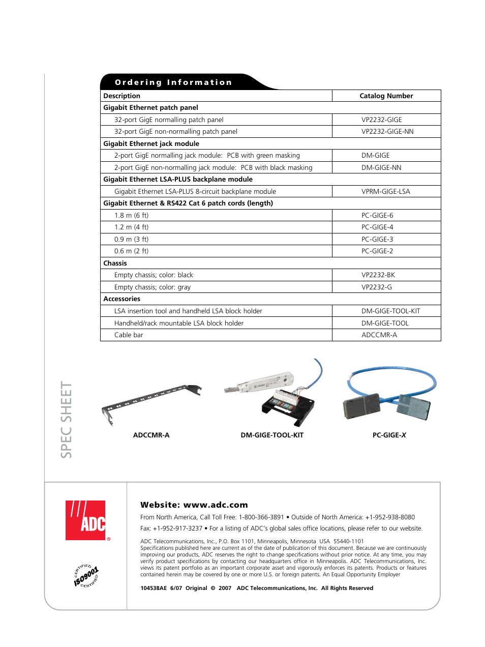 Sp ec s h ee t | ADC UniPatch GigE Series User Manual | Page 4 / 4