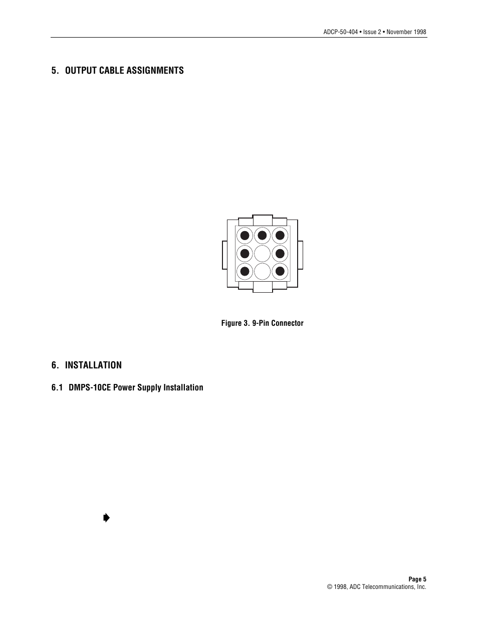 Output cable assignments, Installation, 1 dmps-10ce power supply installation | ADC DMPS-10CE User Manual | Page 5 / 9