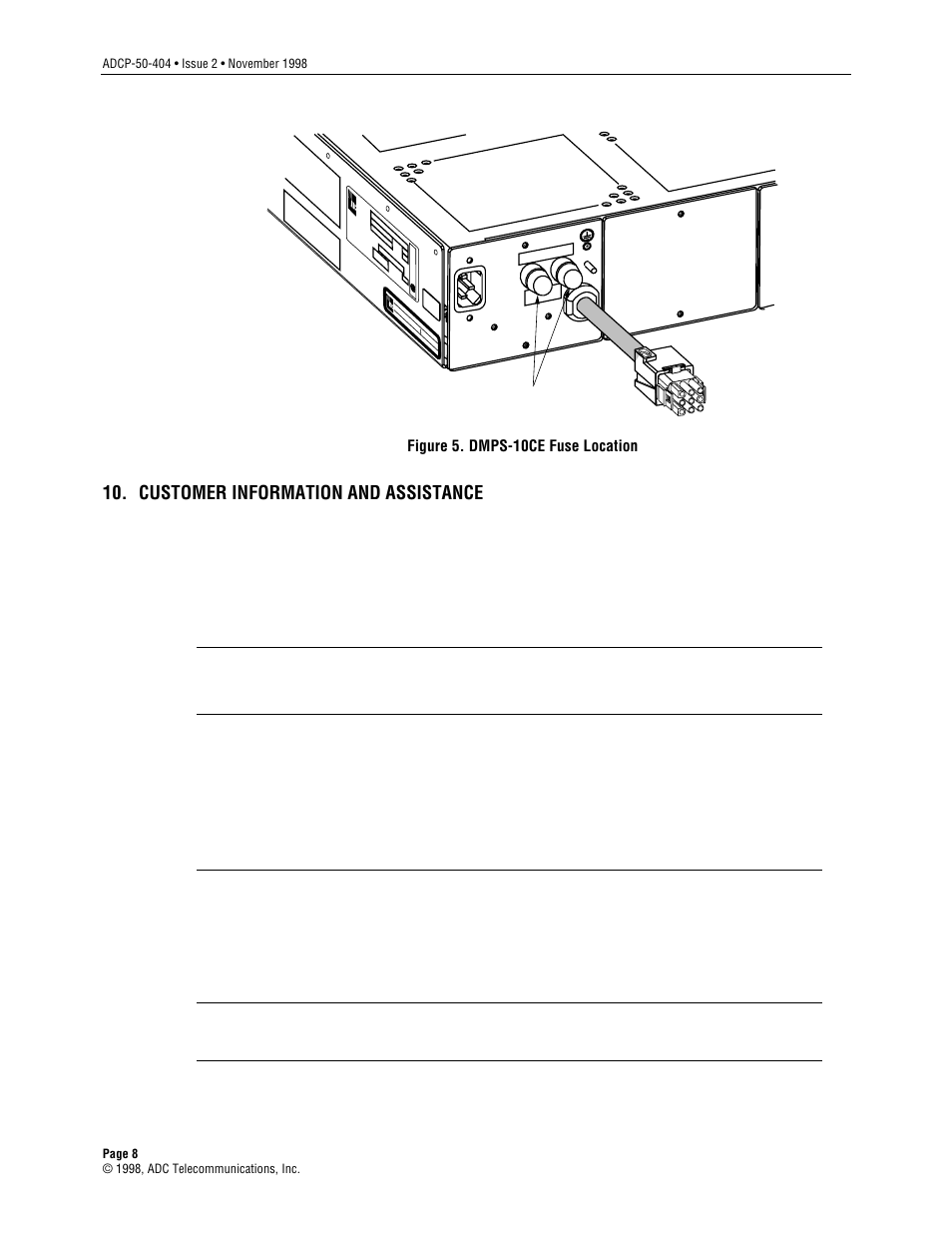 Customer information and assistance, Figure 5. dmps-10ce fuse location | ADC DMPS-10CE User Manual | Page 8 / 9