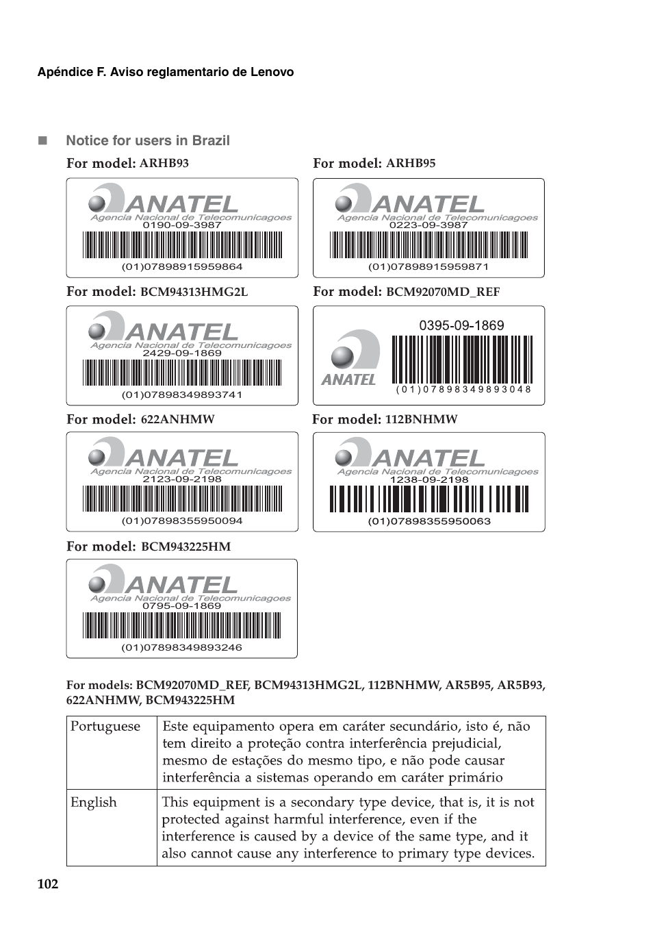 Notice for users in brazil | Lenovo G560 Notebook User Manual | Page 110 / 134