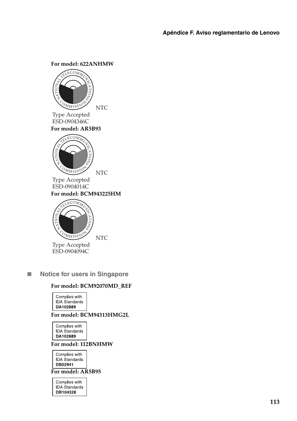 Notice for users in singapore, Apéndice f. aviso reglamentario de lenovo | Lenovo G560 Notebook User Manual | Page 121 / 134