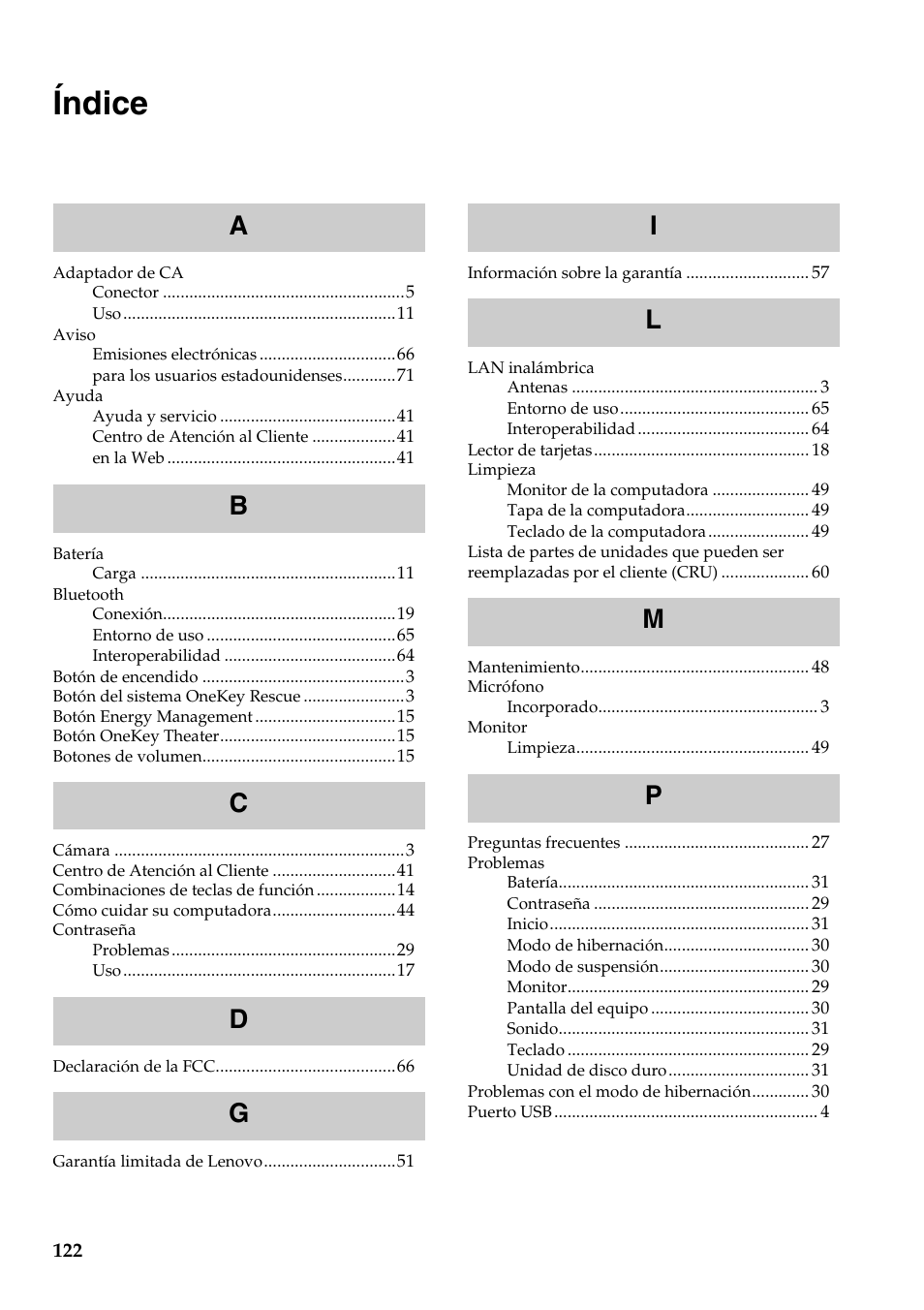 Índice | Lenovo G560 Notebook User Manual | Page 130 / 134
