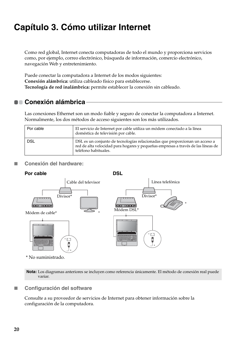 Capítulo 3. cómo utilizar internet, Conexión alámbrica | Lenovo G560 Notebook User Manual | Page 28 / 134