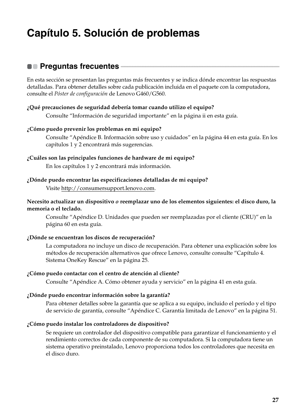 Capítulo 5. solución de problemas, Preguntas frecuentes | Lenovo G560 Notebook User Manual | Page 35 / 134