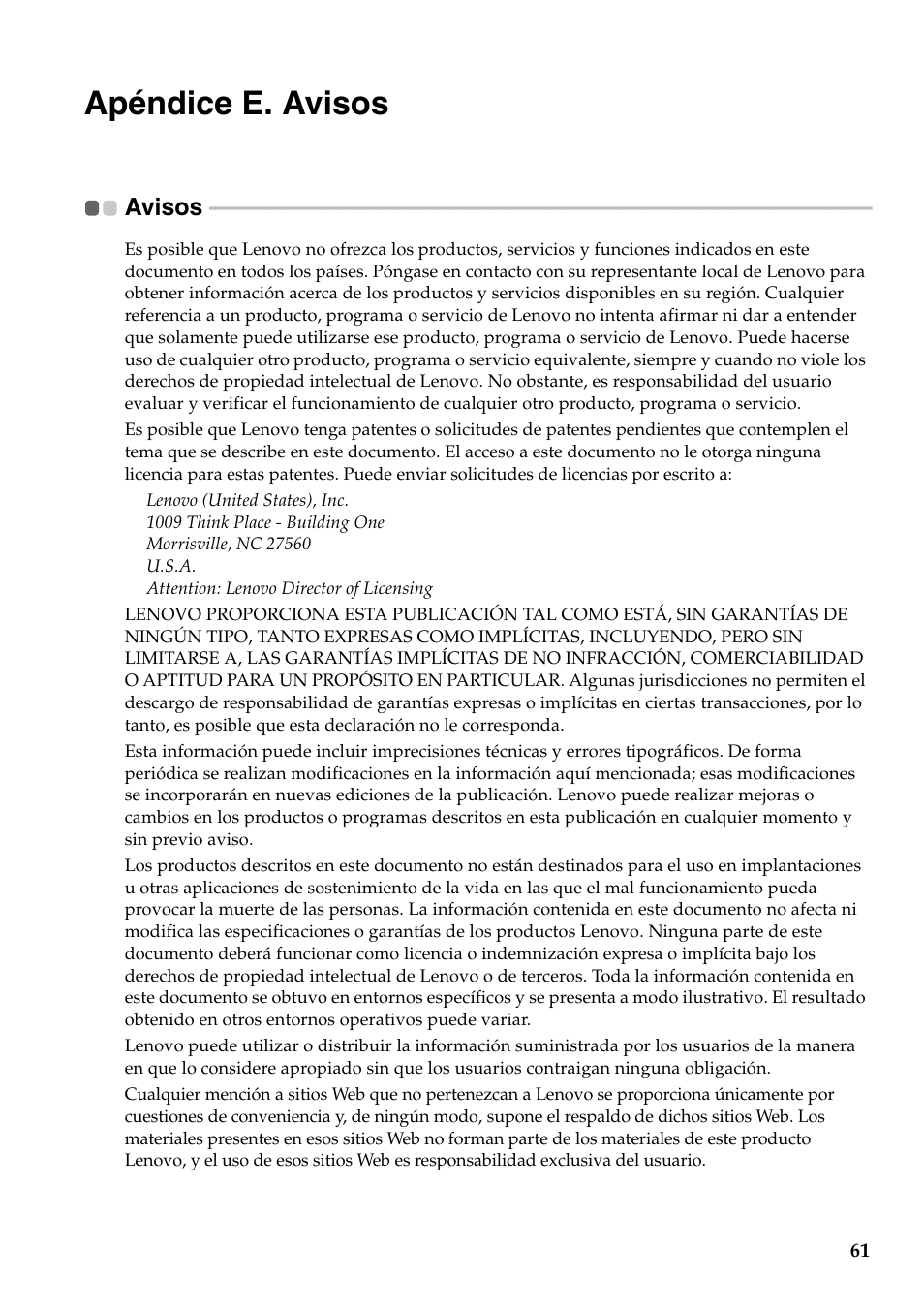 Apéndice e. avisos, Avisos | Lenovo G560 Notebook User Manual | Page 69 / 134