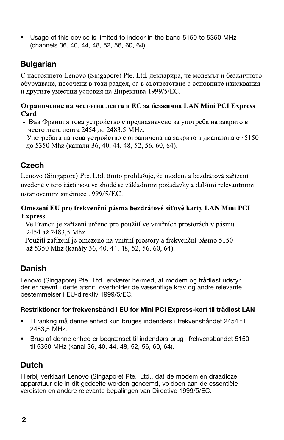 Bulgarian, Czech, Danish | Dutch | Lenovo ThinkCentre M70z User Manual | Page 2 / 12