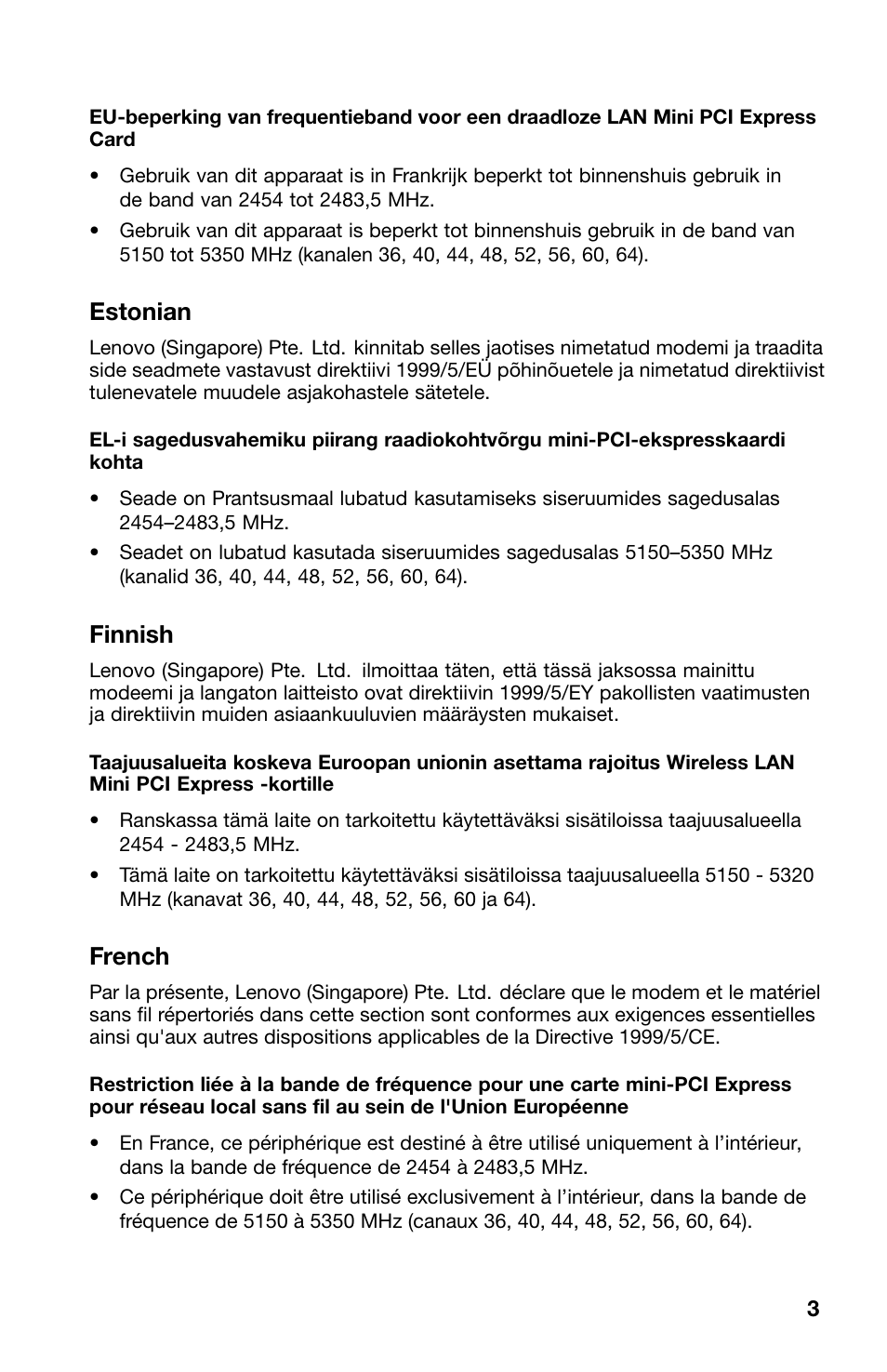 Estonian, Finnish, French | Lenovo ThinkCentre M70z User Manual | Page 3 / 12