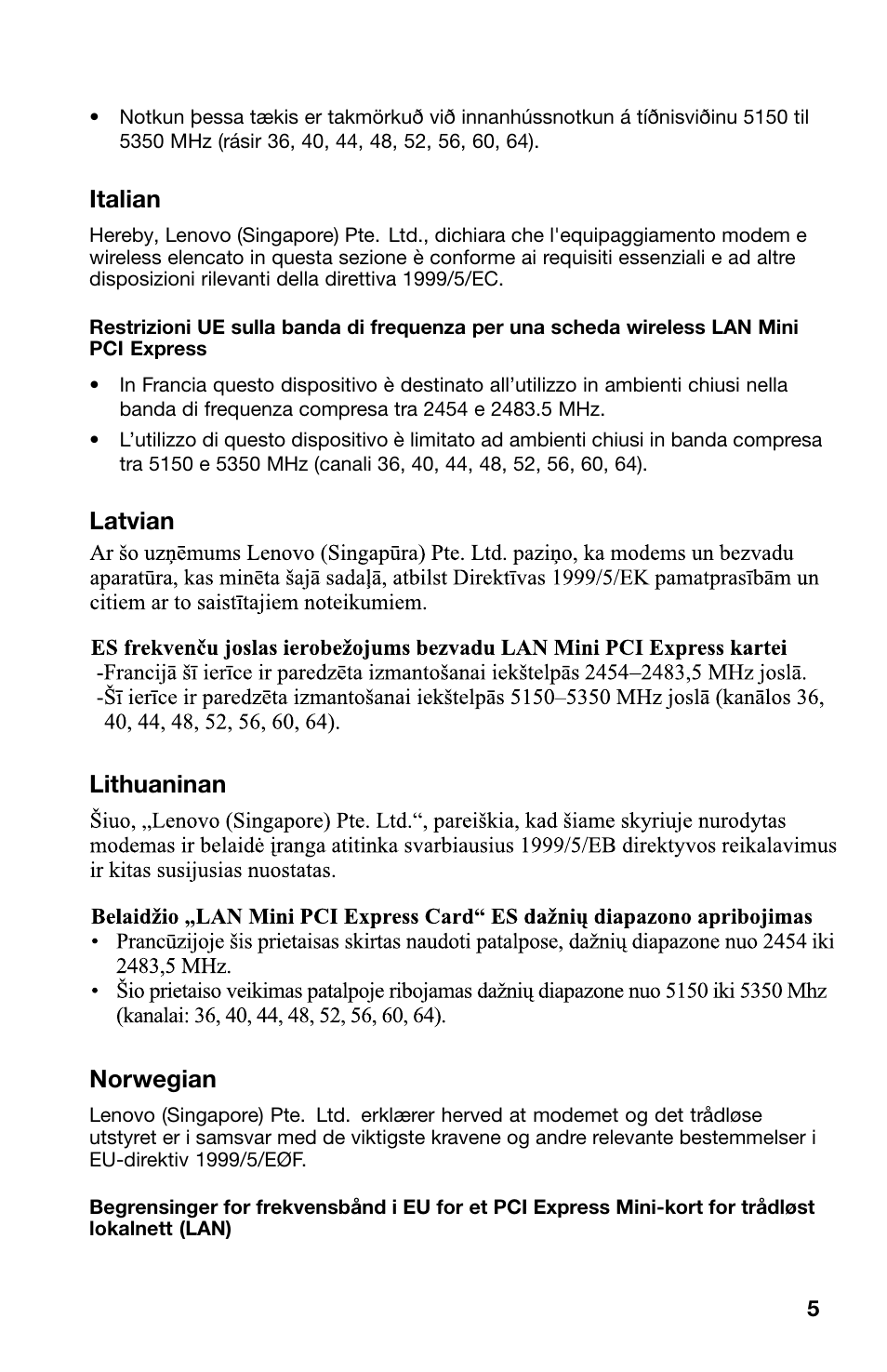 Italian, Latvian, Lithuaninan | Norwegian, Latvian lithuaninan norwegian | Lenovo ThinkCentre M70z User Manual | Page 5 / 12